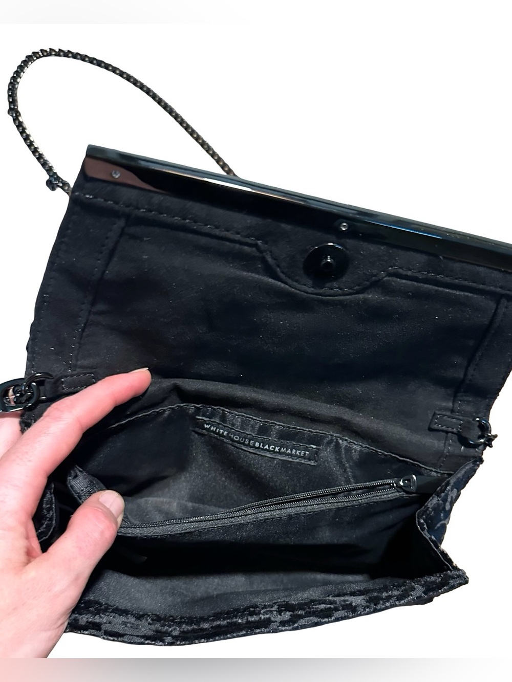 White House Black Market Black Velvet Snap Clutch with Metal Chain Baroque - Picture 9 of 10